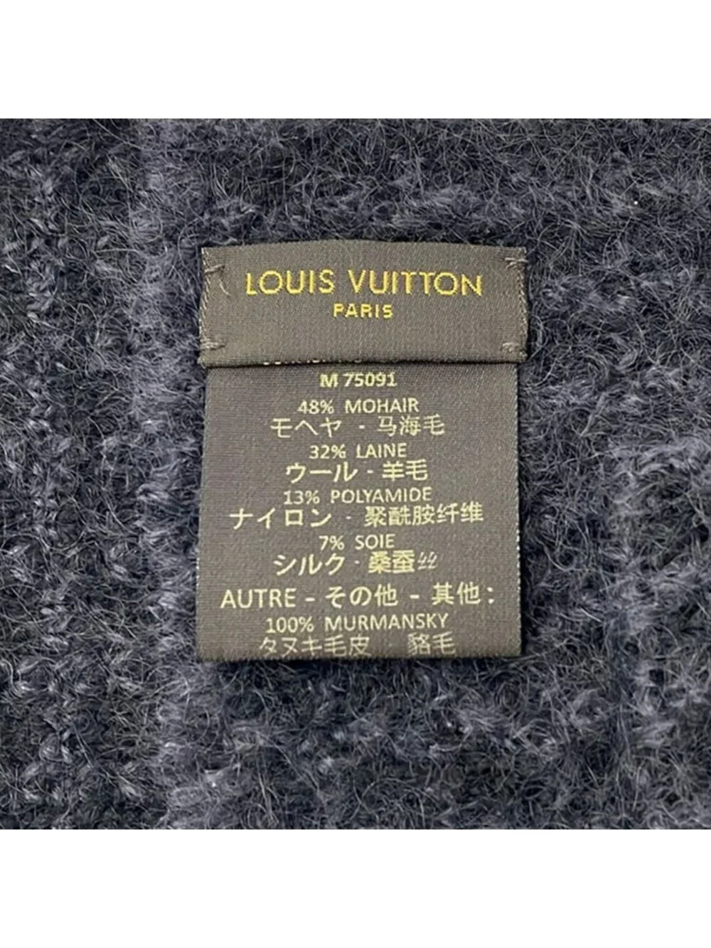 Louis Vuitton Scarf Echarpe Elena Black Dark Gray Raccoon Fur Wool Silk